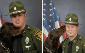 Il ranger dell’Indiana posa con un il suo cane che non riesce a non baciarlo per i ritratti ufficiali