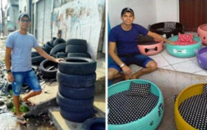 Giovane brasiliano trasforma vecchie gomme gettate dalla gente in cucce per animali
