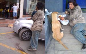 Senzatetto condivide con il suo cane il poco cibo che è riuscito a procurarsi