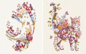 Artista giapponese dipinge animali con composizioni floreali ad acquerello