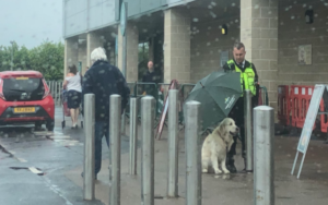 Guardia di sicurezza resta sotto la pioggia per riparare un cane fuori dal negozio