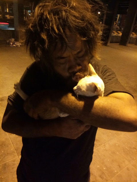 senzatetto spende i suoi soldi per sfamare dei gatti randagi