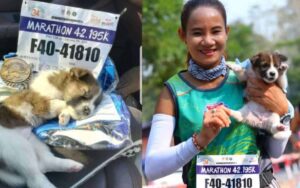 Donna si ferma durante una maratona per prendere un cucciolo abbandonato e corre con lui in braccio per 30 km