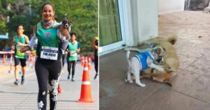 Donna finisce la maratona con un cucciolo randagio in braccio che ha salvato lungo la strada