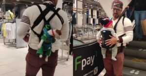 Uomo usa 2 canguri che gli permettono di trasportare il figlio e il cane allo stesso tempo (VIDEO)
