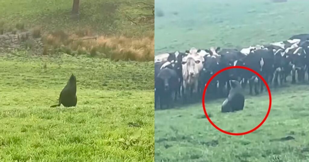 Leone marino tra le mucche in una fattoria