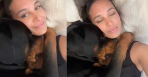 Rottweiler dorme triste con la sua mamma perché non vogliono accarezzarlo: “non capisce perché lo ignorino”