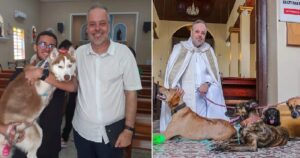In Brasile un prete salva i cani dalla strada e cerca di farli adottare durante la celebrazione della messa